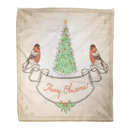 Berry Scroll - ASHLEIGH Flannel Throw Blanket Tree Vintage Christmas Bullfinches and Old Scroll Beautiful Berry Bullfinch 58x80 Inch Lightweight Cozy Plush Fluffy Warm Fuzzy Soft