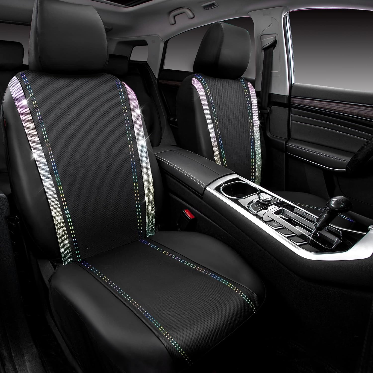 CAR GRAND Bling Car Seat Covers Full Set, Shining Rhinestone Diamond Waterproof Faux Leather, Rear with Zipper, Universal Fit Automotive Glitter Crystal Sparkle Strips for Cute Women Girl, muti-color