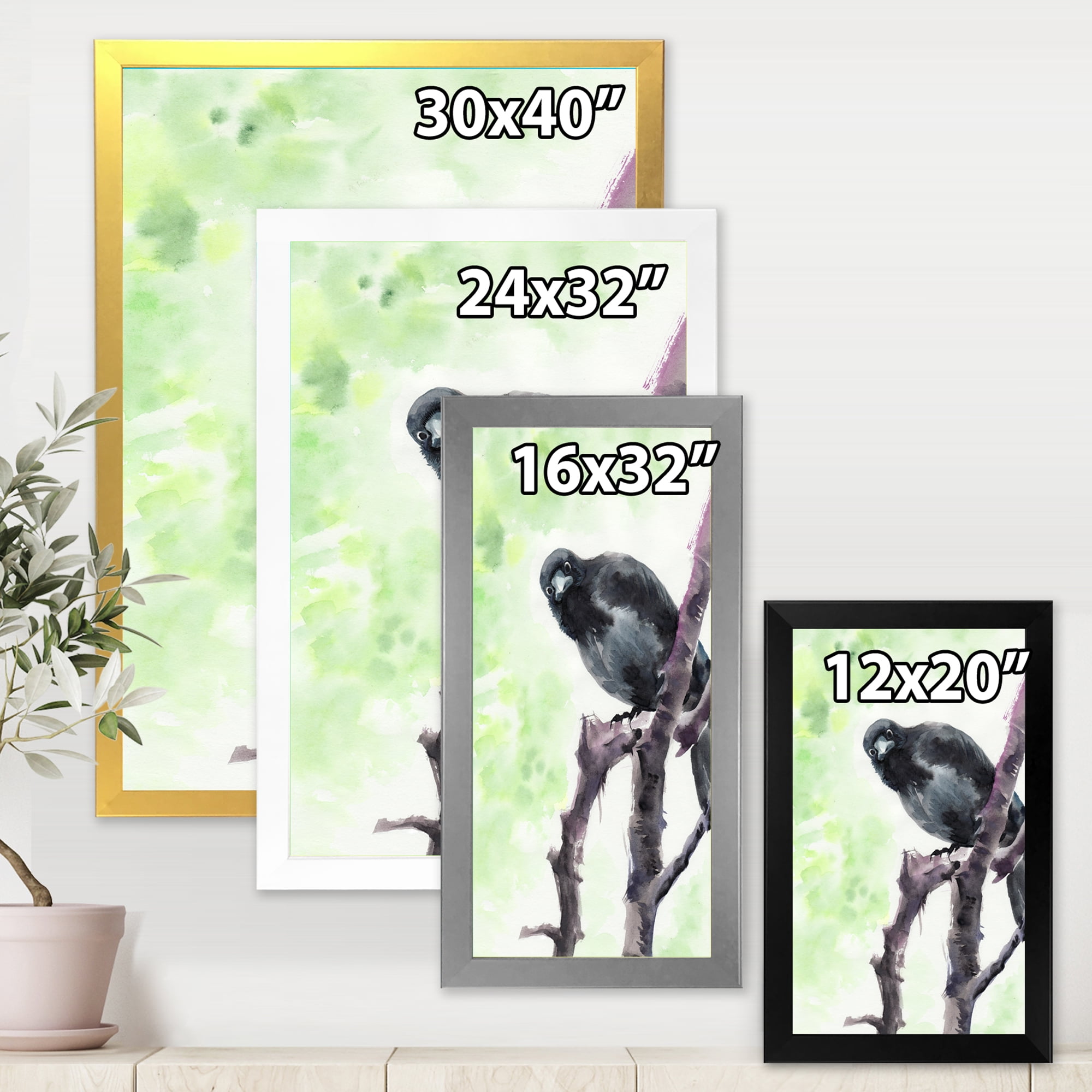 Designart 'Curious Crow Sitting On A Branch' Traditional Framed Art Print