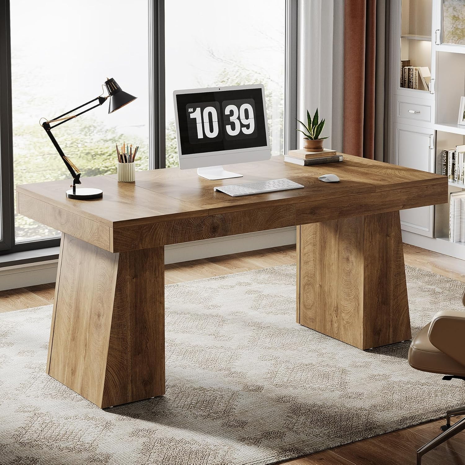 Tribesigns 55" Home Office Desk, Mid-Century Modern Executive Desk, Wood Computer Desk, Light Black