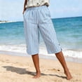 thumbnail image 4 of cocolona Womens Summer Casual Striped Linen Shorts Elastic Waist Splited Wide Leg Knee Length Beach Shorts with Pockets, 4 of 5