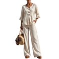 thumbnail image 2 of Women's 2 Piece Linen Matching Set V Neck Ruffle 3/4 Sleeve Button Down Gingham Plaid Top Wide Leg Pants Casual Outfit, S, 2 of 7