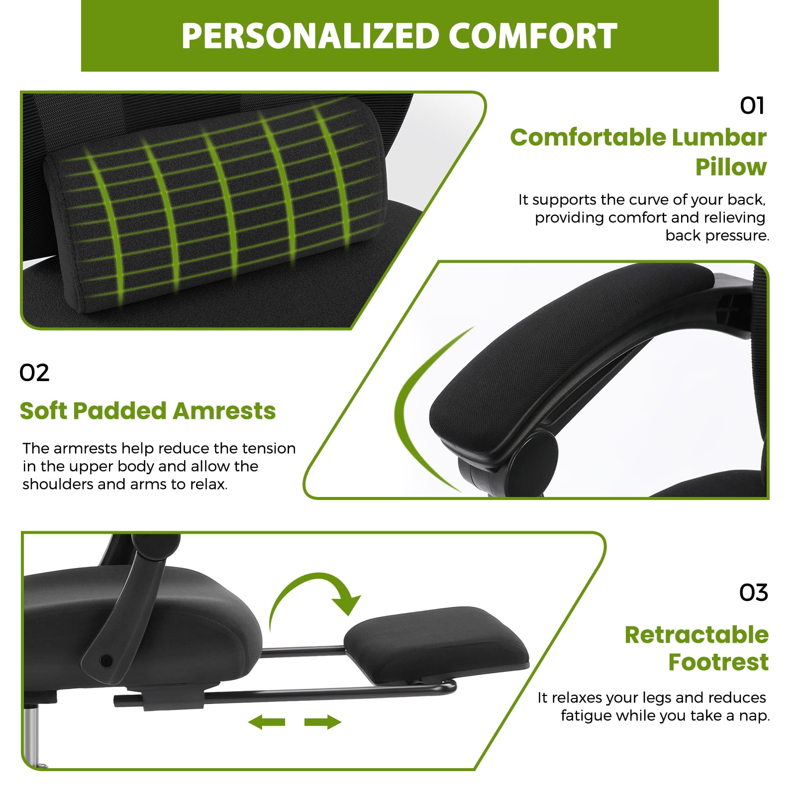 JOINSUN Ergonomic Office Chair, High Back with Adjustable Lumbar Support, Headrest, Footrest, Black