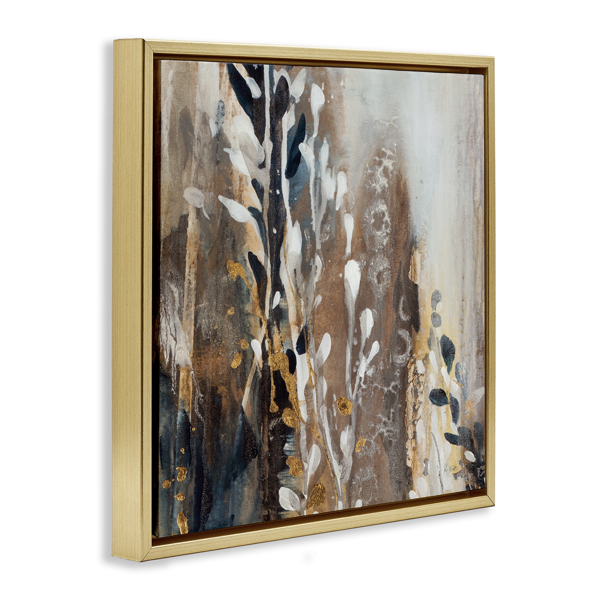 Stupell Industries Abstract Cascading Plants Botanical & Floral Painting Gold Floater Framed Canvas Art Print Wall Art, 18 x 18