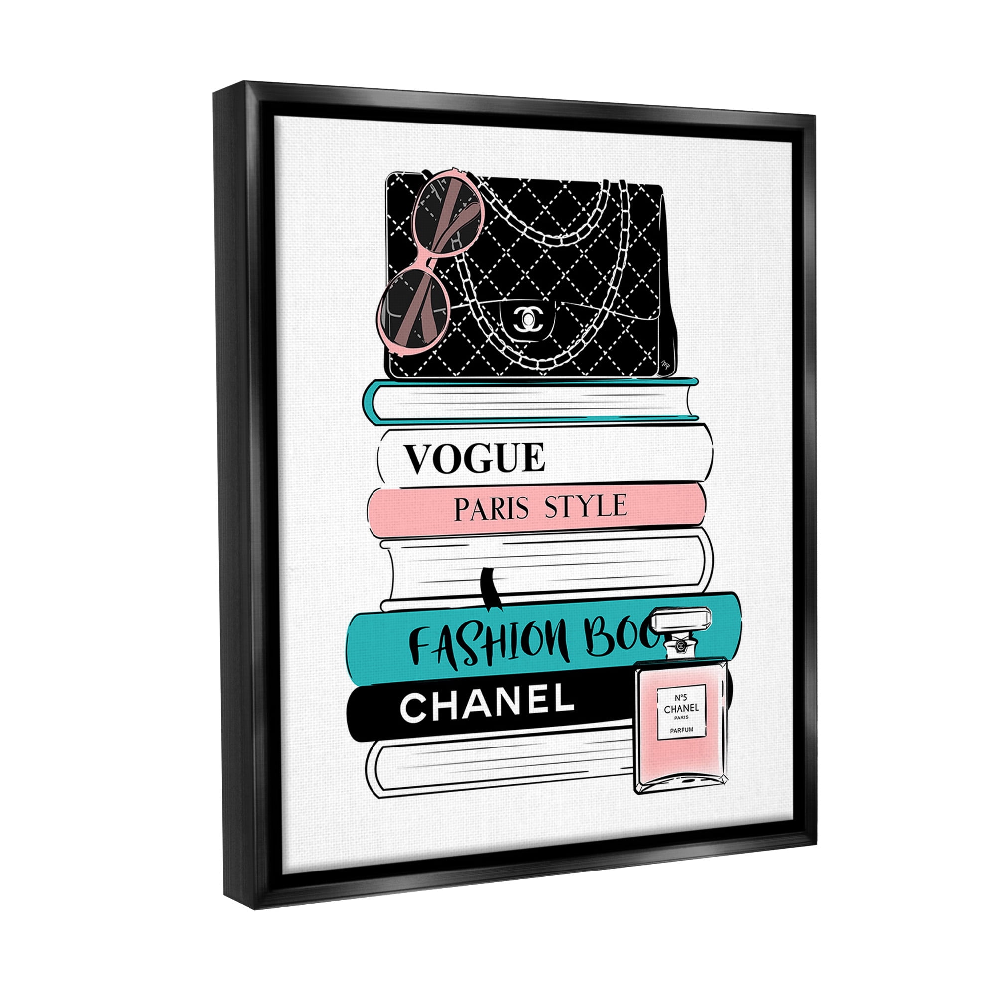 Stupell Industries Pink & Blue Bookstack Beauty & Fashion Painting Black Floater Framed Canvas Art Print Wall Art, 17 x 21