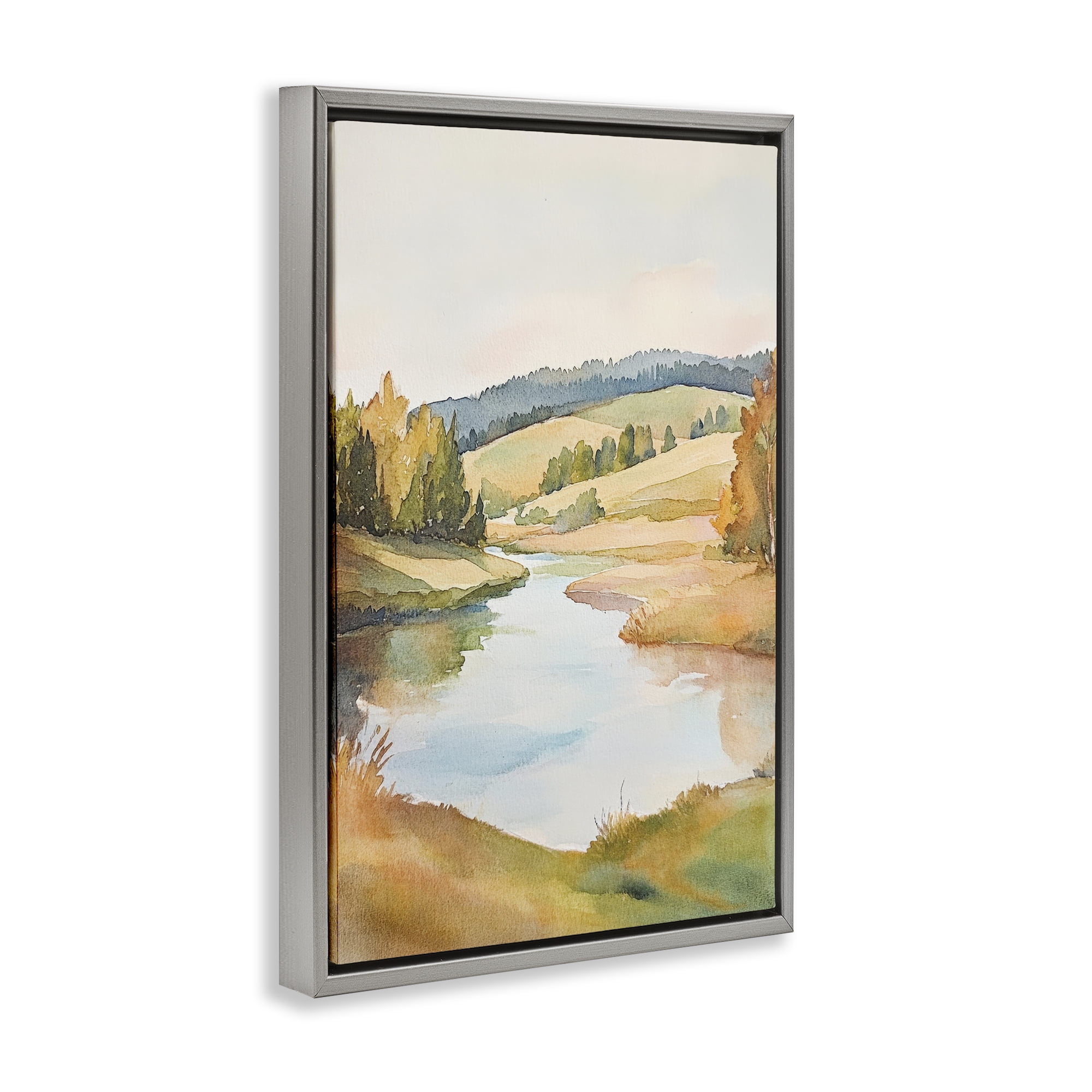 Stupell Industries Serene Watercolor Lake Escape Gray Framed Floater Canvas Wall Art, design by Petal Prints Design