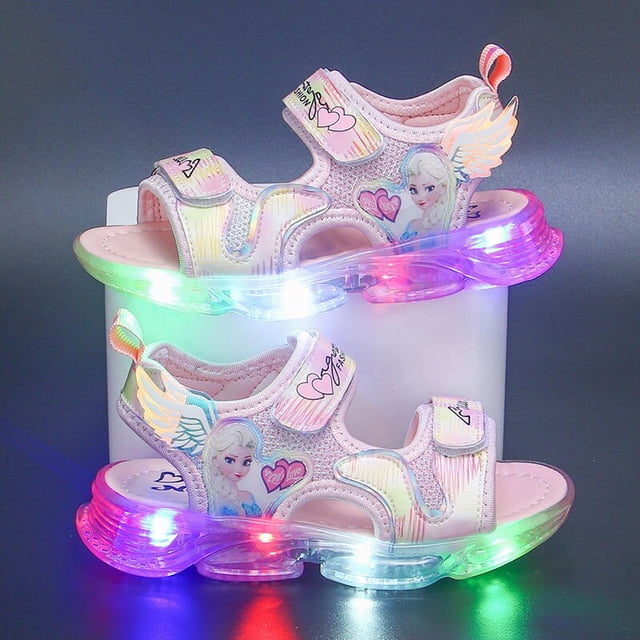 Zapatos para niños de Disney, novedad de verano, sandalias de playa de malla para niñas elsa, sandalias con luz led de moda ins frozen princess, sandalias ligeras de fondo suave, plantilla de 14,5 CM Gao Jinjia LED