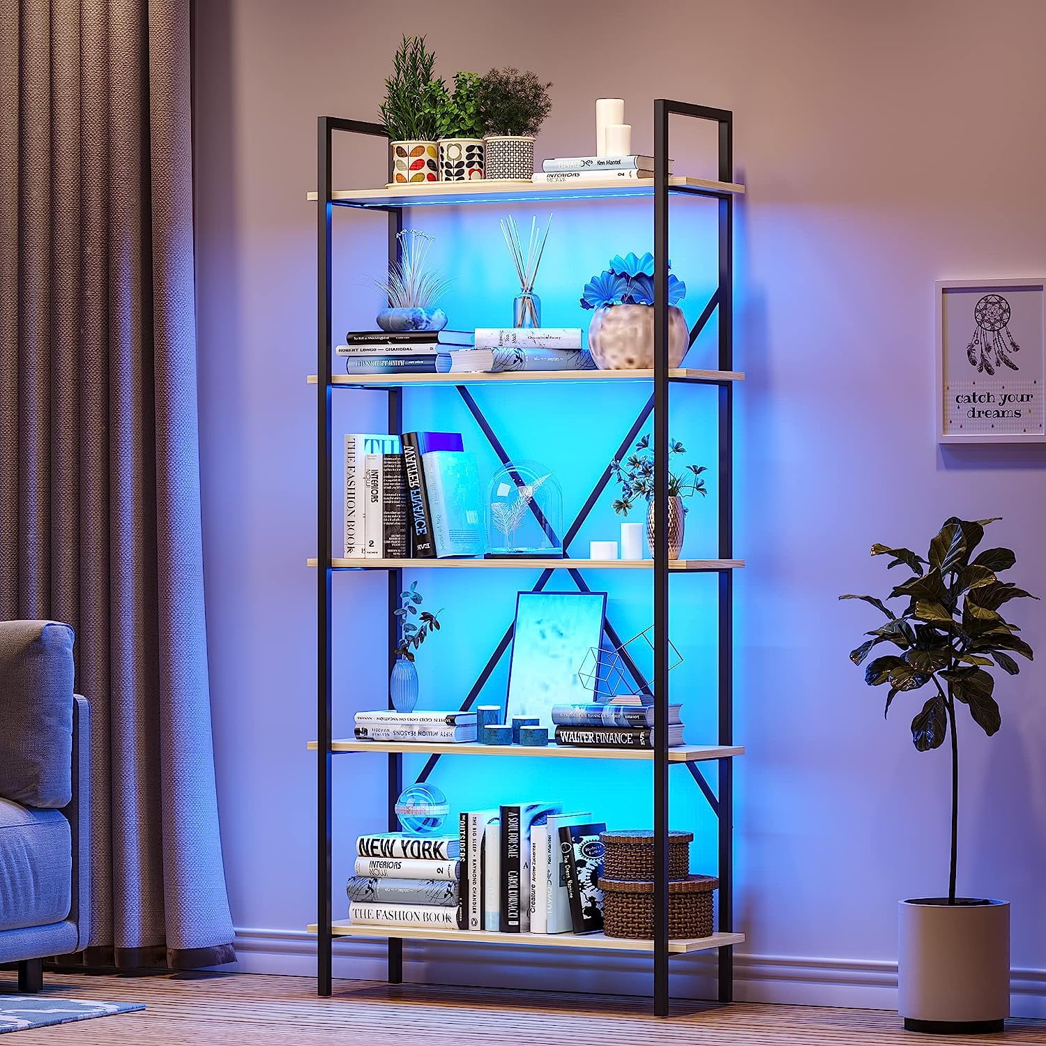 MIANYANG 5 Tier LED Bookshelf,Modern Bookcase Open Storage Shelving
