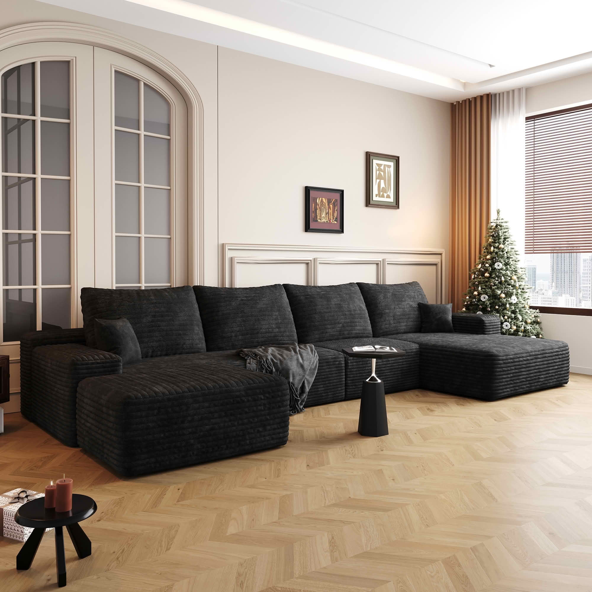 MAYEERTY 135" Cloud Sectional Sofa with Ottoman, U Shaped Deep Seat Couch, Plush Corduroy Fabric, No Assembly Required, Black
