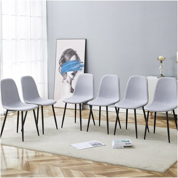 Modern Light Gray Linen-Cotton Dining Chairs Set of 6 with Ergonomic Backrest and Metal Legs