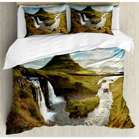 Iceland Duvet Cover Set King Size, Vivid Shot of a Countryside Rural Spot Streaming Cloudscape European, Decorative 3 Piece Bedding Set with 2 Pillow Shams, Multicolor, by Ambesonne