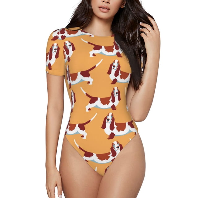 Saiise Justaucorps à Manches Courtes pour Femmes Motif Chiot Teckel Col Rond Pyjama Extensible avec Fermeture à Pression-Grand