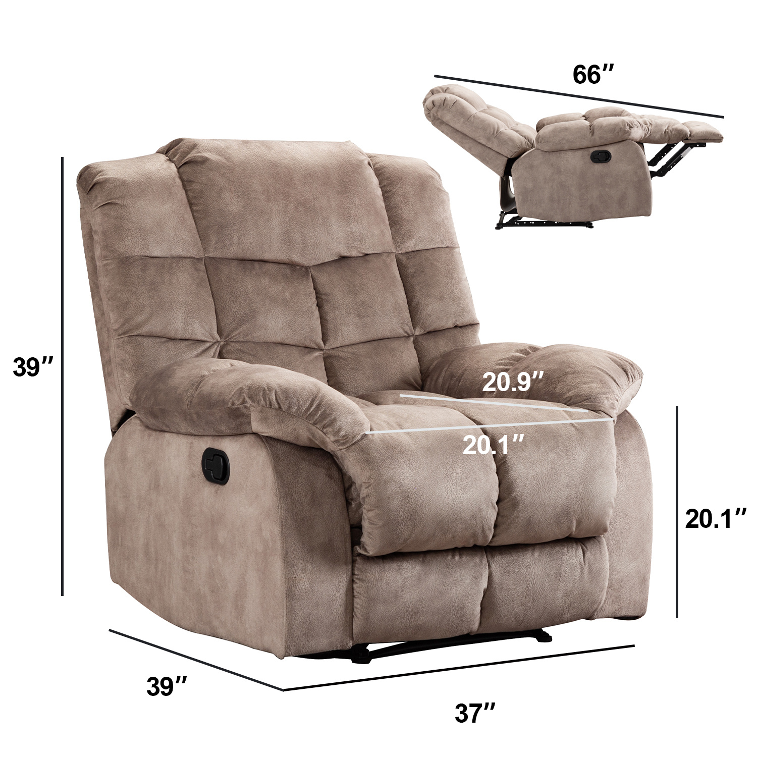 Recliner Chair Overstuffed, Manual Reclining Single Couch Wide Seat