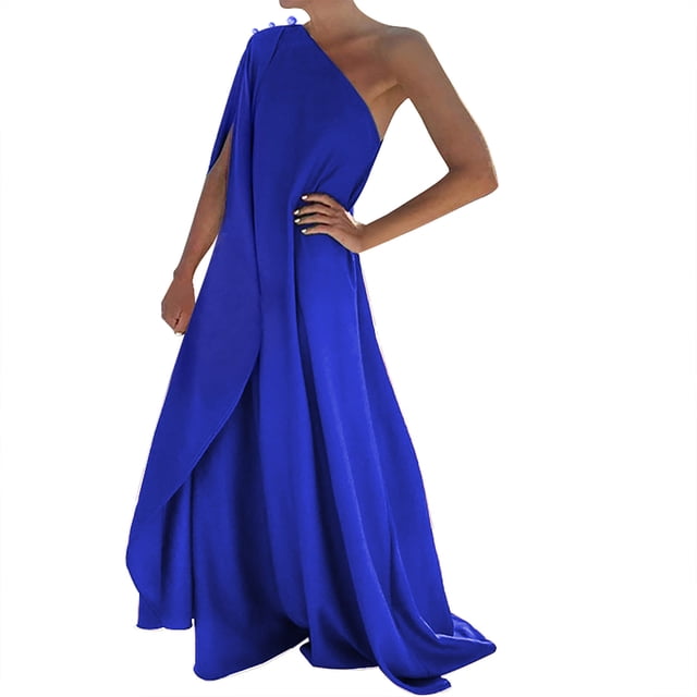 Vestido largo boho de un solo hombro para mujer - Color liso, fluido - Informal/playa/vacaciones - Mezcla de poliéster y spandex