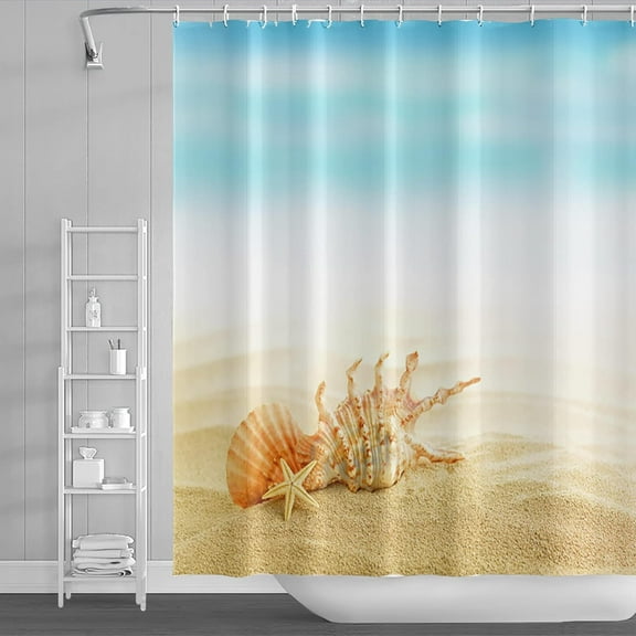 72x84inch Beach Shower Curtain for Bathroom Decor Marine Ocean Coastal Seaside Shell Starfish Focus Blur Blue Sky Beach Scenery Bath Curtain Home Kids Bathtubs Waterproof Sets with Hooks