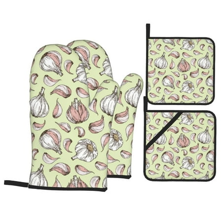 

Oven Mitts and Pot Holders 4 Pcs Set Garlic Pattern white High Heat Resistant Oven Mitts Pot Holders Long Kitchen Oven Glove for Kitchen Cooking