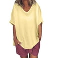thumbnail image 2 of Usmixi Womens Blouses and Tops Dressy Breathable Cotton Linen Plus Size Pullover Shirts 2023 Summer V-Neck Short Sleeve Solid Casual Blouses Yellow XXXXXL, 2 of 7