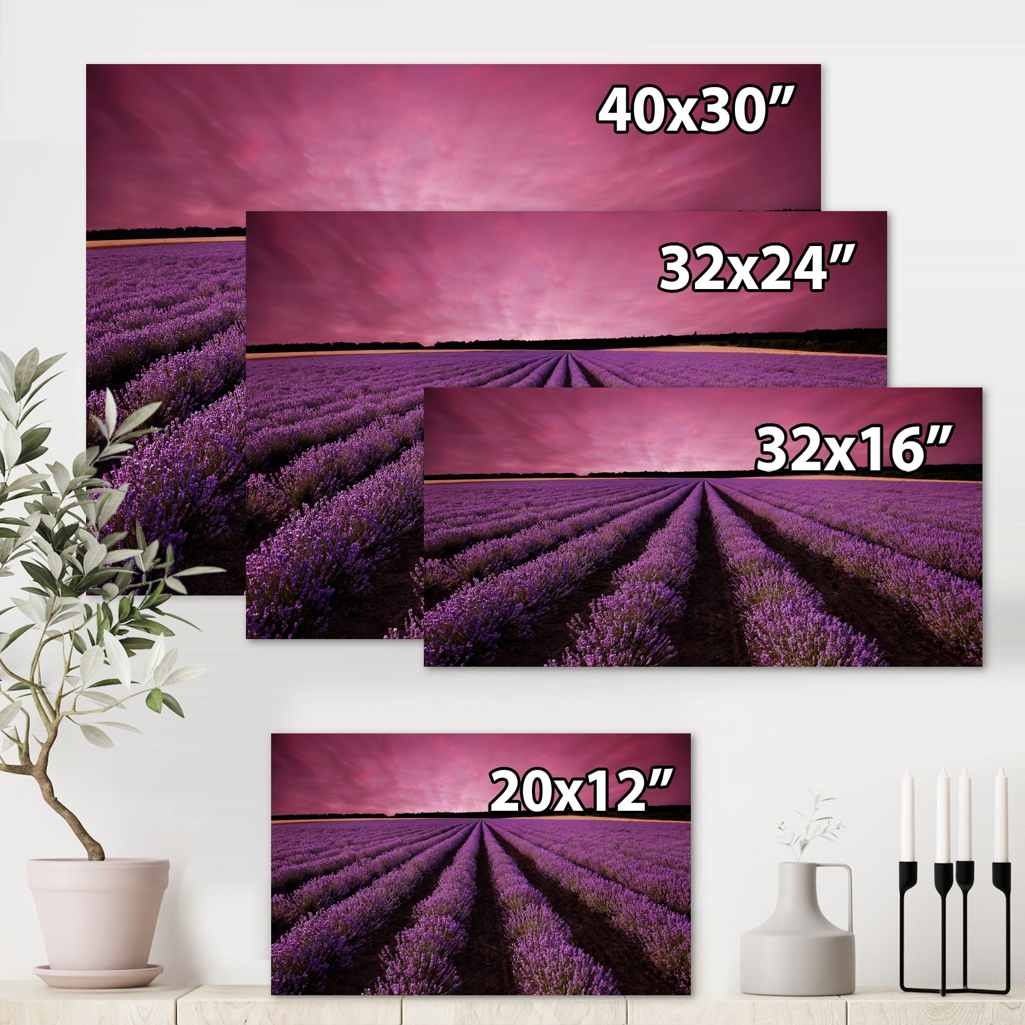 Dramatic Clouds and Sunrise Over Lavender Field XI 32 in x 16 in Photography Canvas Art Print, by Designart