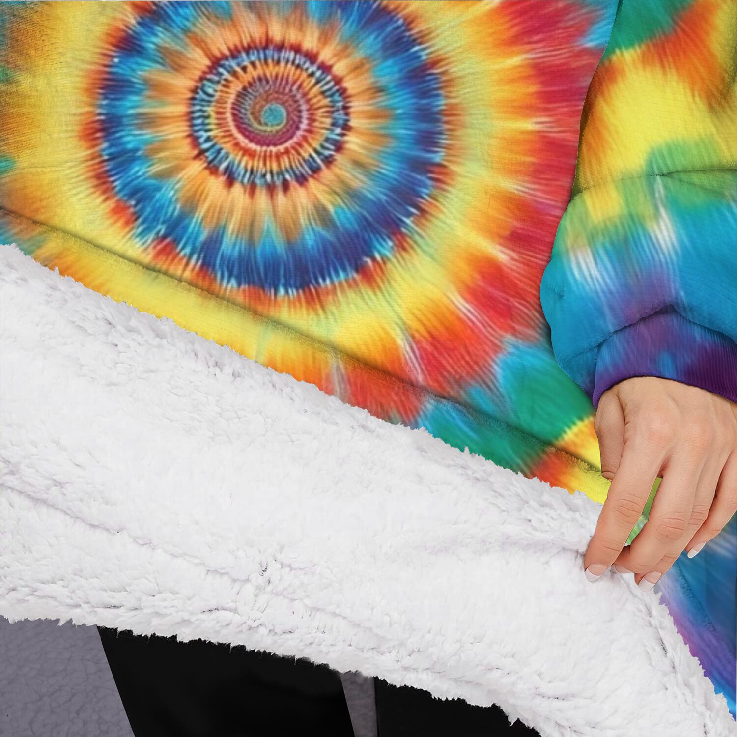Oversized Wearable Blanket Hoodie,Colorful Rainbow Tie Dye Spiral Pattern Sherpa Blanket Hoodie with Super Pockets,Super Warm Fuzzy Pullover for Women & Men