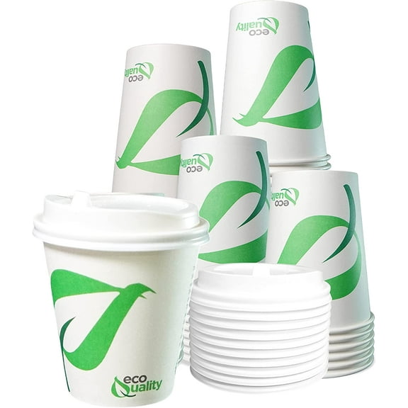[200 Pack] 10 oz Compostable Paper Cups with White Dome Lids - Biodegradable Disposable White Paper Coffee Cups PLA Lined - Eco-friendly Hot and Cold Drinking Cups
