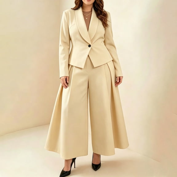 Ynynloco Women Suits 2 Piece Set Business Casual Dressy Oversized Blazer Jacket and High Waist Wide Leg Dress Pantsuits Formal Work Outfits