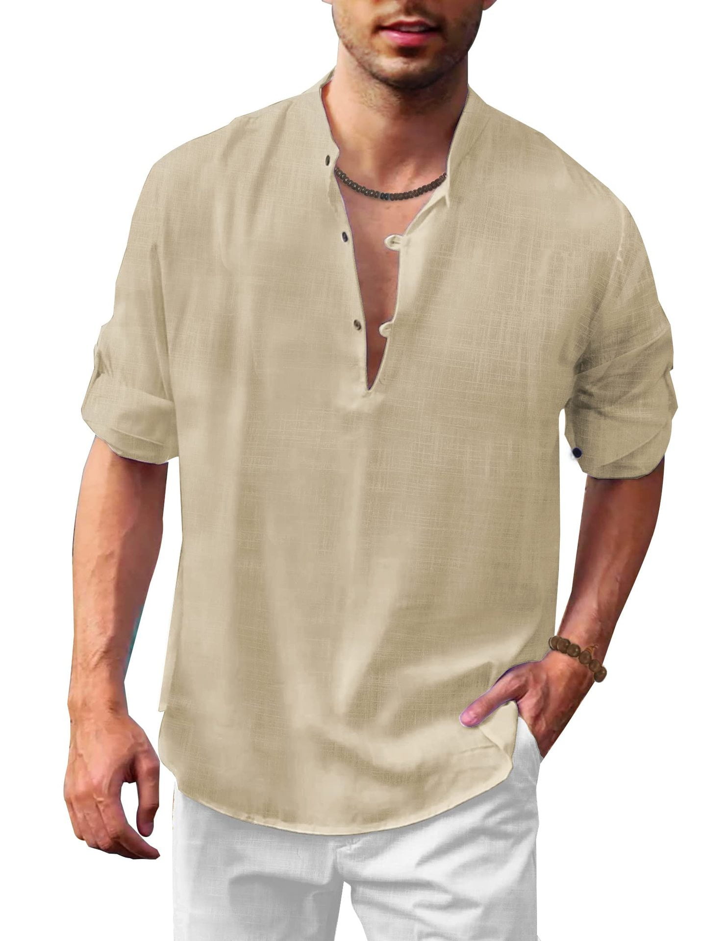 COOFANDY Men's Linen Henley Shirt Long Sleeve Casual Hippie Cotton Beach T Shirts 