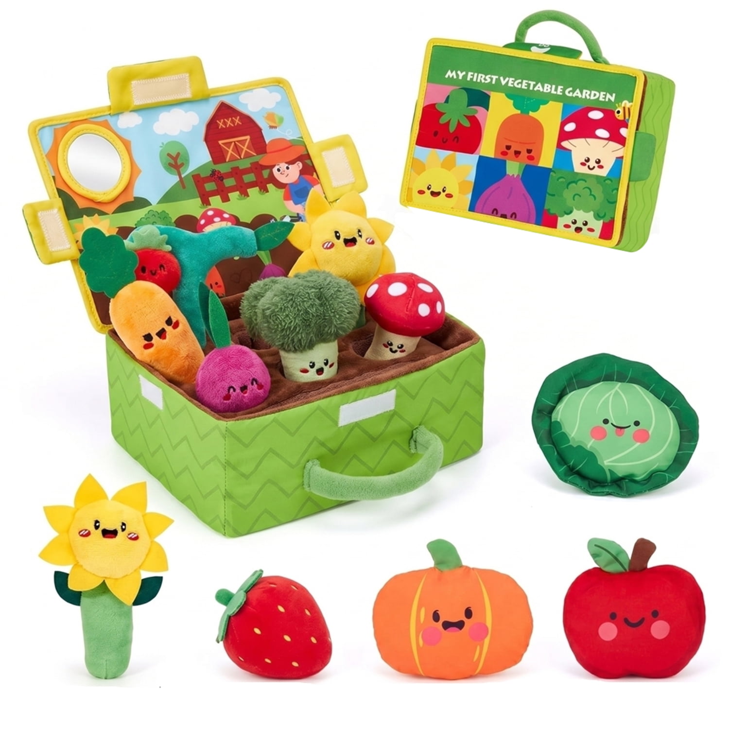 Squeak and Harvest Sensory Garden Plush Tool 6 Piece Set for Adults Desk Stress Relief Soft Fabric Pulling Vegetable Fidget Calm Down Tool