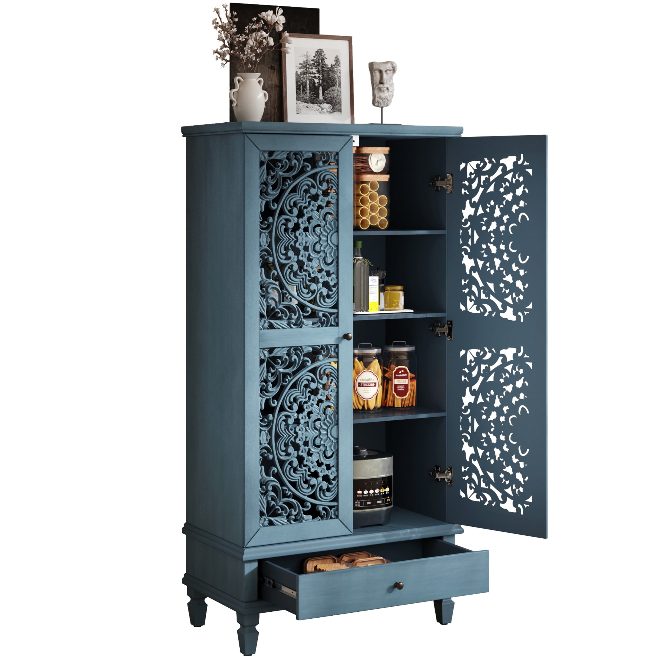 Noble house Rustic Tall Storage Cabinet with Drawer, Carved 2-Door Cabinet with Solid Wood Legs,Antique blue
