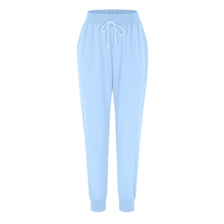 JWZUY Women's Joggers Pants with Pockets Drawstring Sweatpants for Lounge  Workout Jogging Pants Cotton Linen Pants Light Blue M