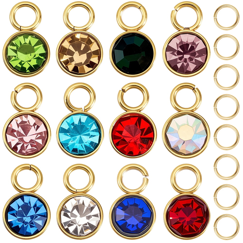 1 Box 24Pcs Round Birthstone Charms with 50Pcs Jump Rings 18K Gold Plated Glass Rhinestone Birthstone Charms for Jewelry Making Earring Bracelet