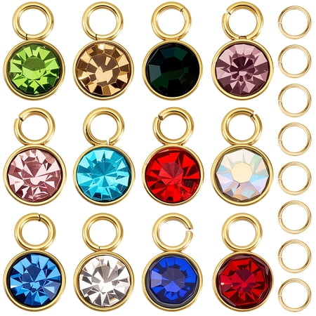 1 Box 24Pcs Round Birthstone Charms with 50Pcs Jump Rings 18K Gold Plated Glass Rhinestone Birthstone Charms for Jewelry Making Earring Bracelet
