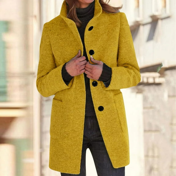 Fall Jacket Women Long Coats For Women Winter Coat Button Down Business Casual Long Sleeve Jackets With Pockets Yellow 2XL