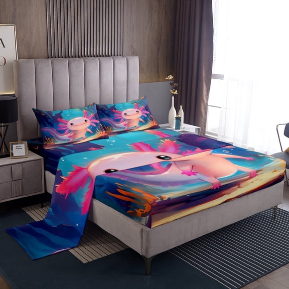 Erosebridal Kawaii Axolotl Twin Sheet Sets, Blue Pink Bed Sheets Twin, Lake Lotus Bedding Twin Size, Ultra Soft Bedroom Decoration, 3-Piece