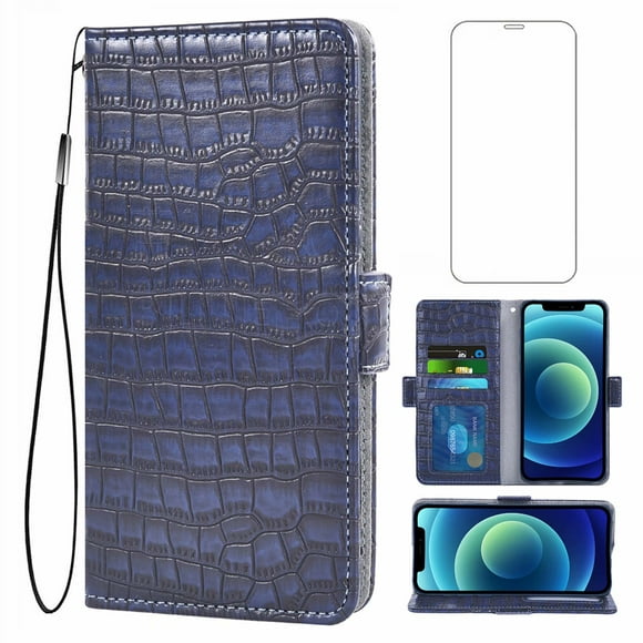 Case Iphone 12 Premium Pu Leather Card Compartment Magnetic Closure Rfid Protective Case, Flip-Up Case, Case Cover Case Compatible with Iphone 12 / 12pro Blue