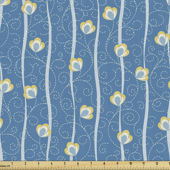 Floral Fabric by the Yard, Illustration of Strips with Flowers and Swirls, Upholstery Fabric for Dining Chairs Home Decor Accents, Turquoise Pale Blue by Ambesonne