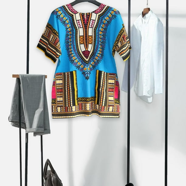 Camiseta Dashiki africana unisex, tribal, color brillante, cuello en V  clásico, cómoda, grande, y camisas de Talla única BLESIY Camisa Africana 