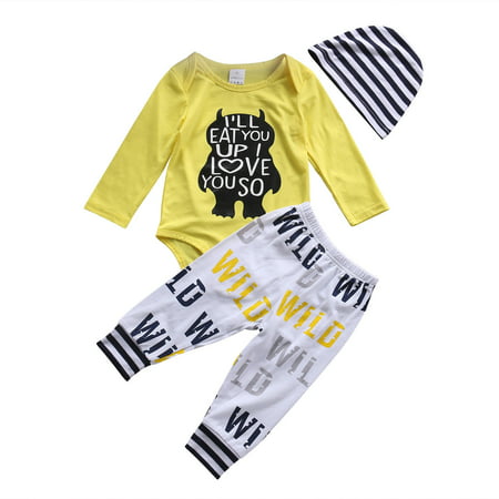 XIAXAIXU Newborn Infant Baby Boys Monster Printed Tops Romper Long Pants Hat 3Pcs Outfits Set Clothes
