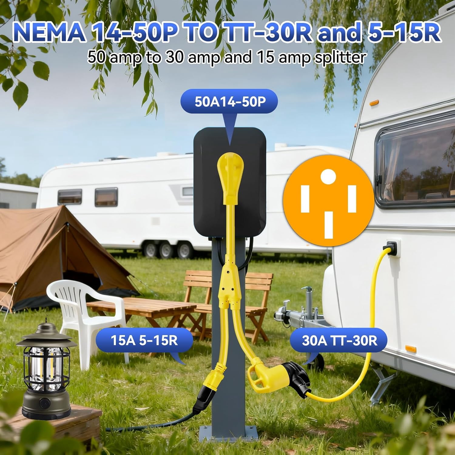 RV Adapter Cord Y Splitter 50 Amp to 30 Amp and 15 Amp NEMA 14-50P to TT-30R & 5-15R 18 Inch Heavy-Duty for RV Camping