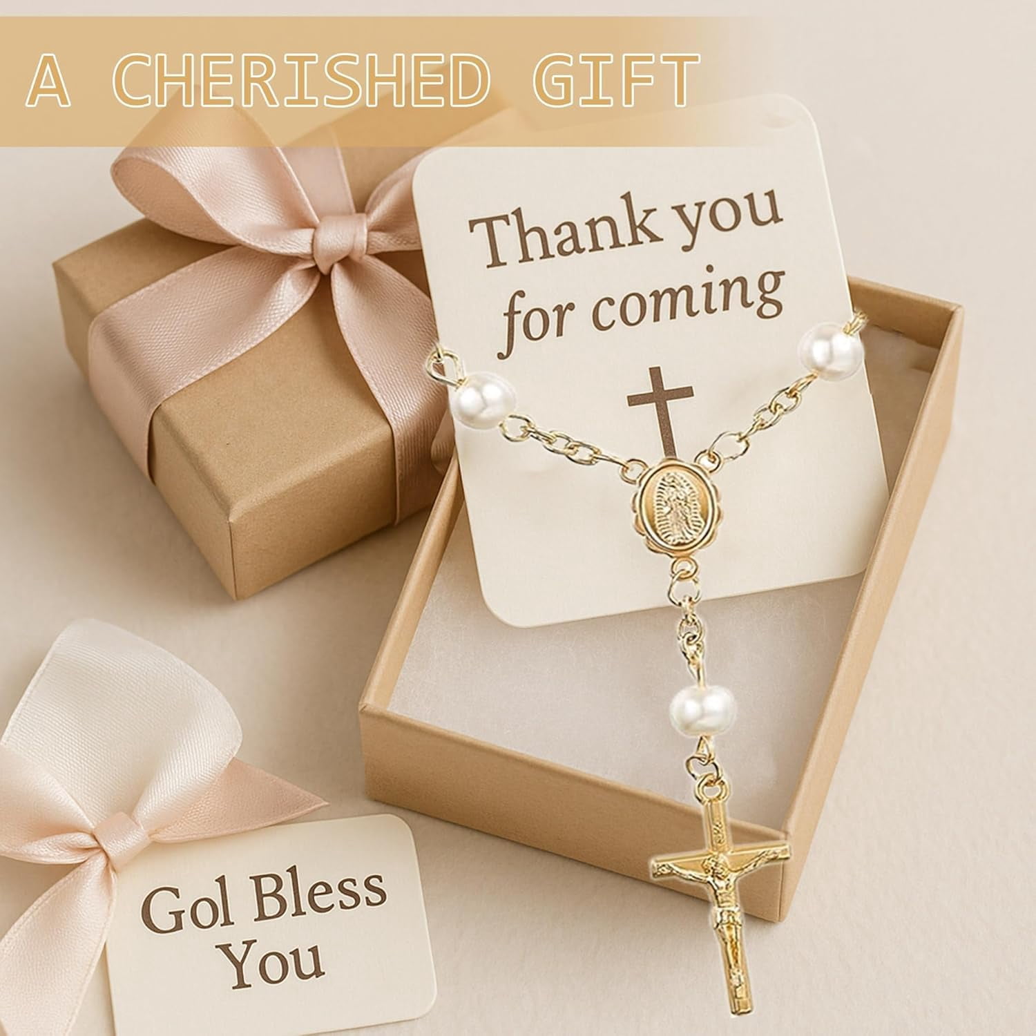 ABPETE Mini Rosary Baptism Favors,Gold Plated Ivory Acrylic Finger Rosary Beads with Faux Pearls for Christening, Communion & Wedding Party Gifts(30-Pack)