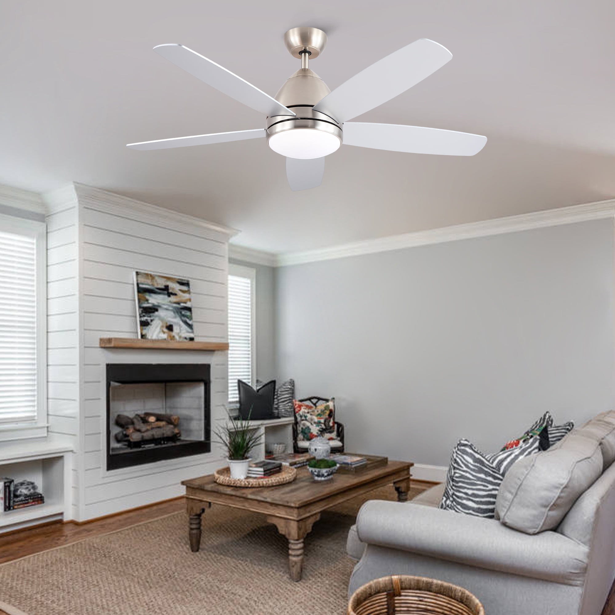 Leumius 52" Brushed Nickel Ceiling Fan with Intergrated LED Light Kit, Remote Control, 5 Plywood Blades and Work with Smart APP for Living Room Bedroom