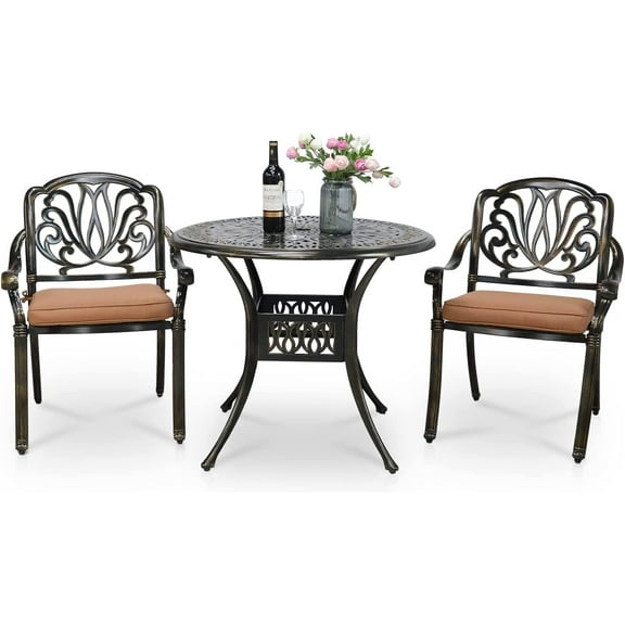 VIVIJASON 3-Piece Patio Bistro Sets, All-Weather Cast Aluminum Bistro Table Set Outdoor Patio Furniture, Include 2 Cushioned Chairs and 35.4" Round Table, 2" Umbrella Hole
