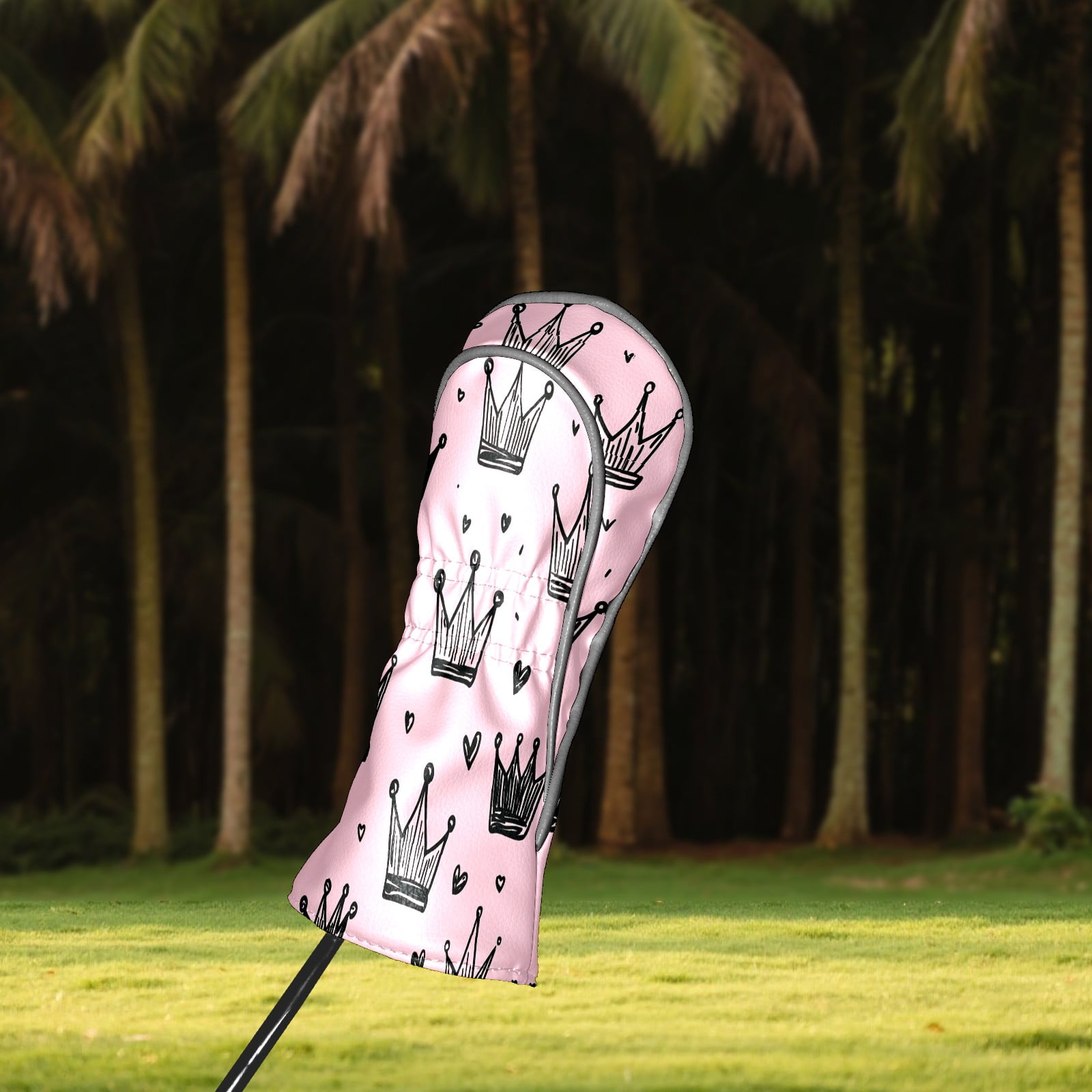 Golf Club Covers, Pink Black Crowns Premium PU Leather Driver Hybrid Putter Head Covers with Velvet Lining, Waterproof Golf Gifts for Men Women