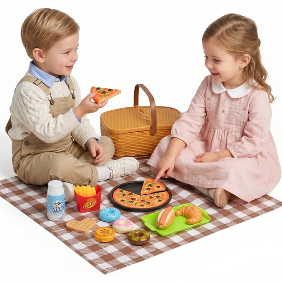 Pizza Party Play Set, Cutting Toy Food Set with Picnic Basket, Pretend Play Food with Chips, Burgers, Play Kitchen Accessories for Boys & Girls 3
