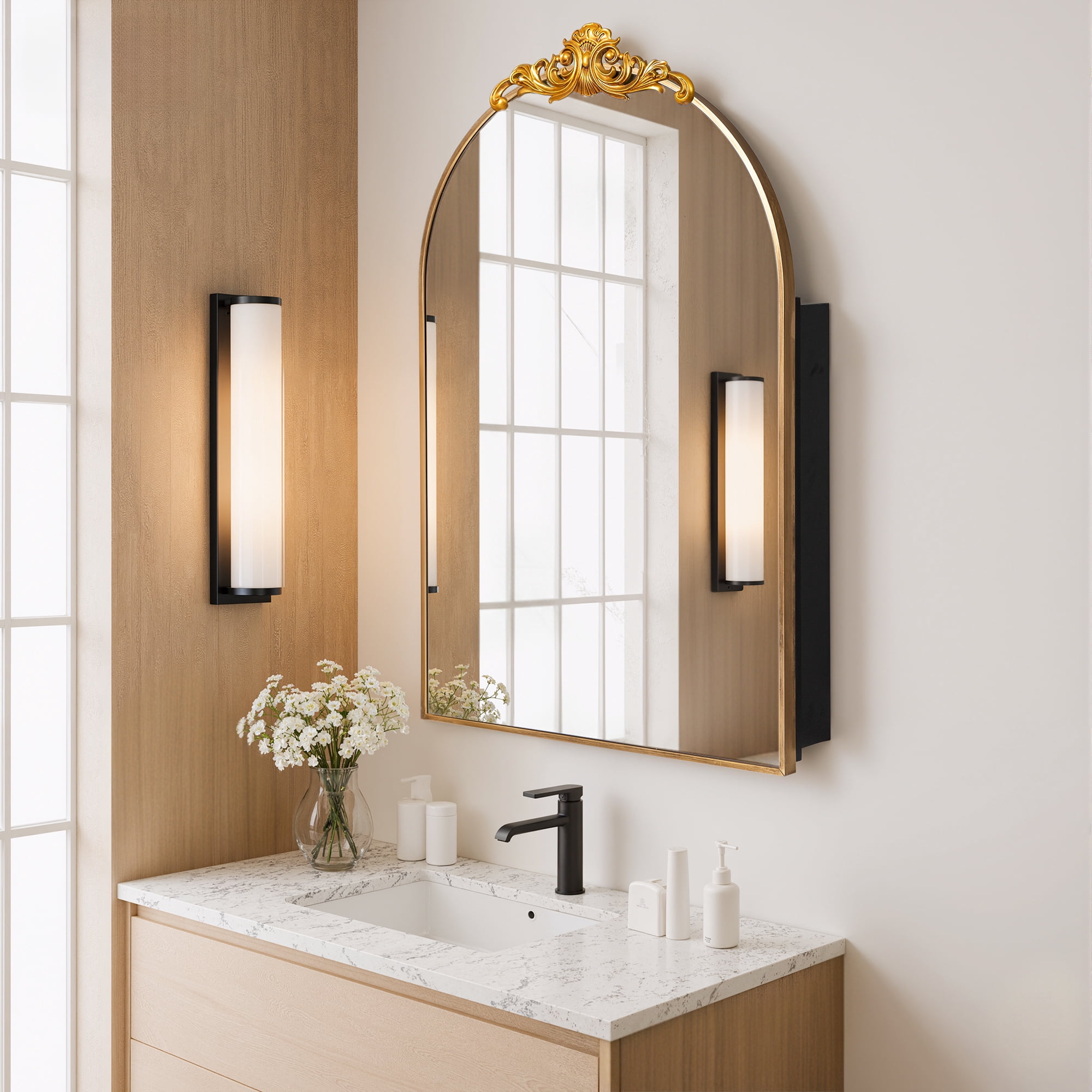 MAYEERTY 36"×24" Gold Iron Carved Arched Mirror Cabinet Rounded Corners, Bathroom Storage for Bathroom