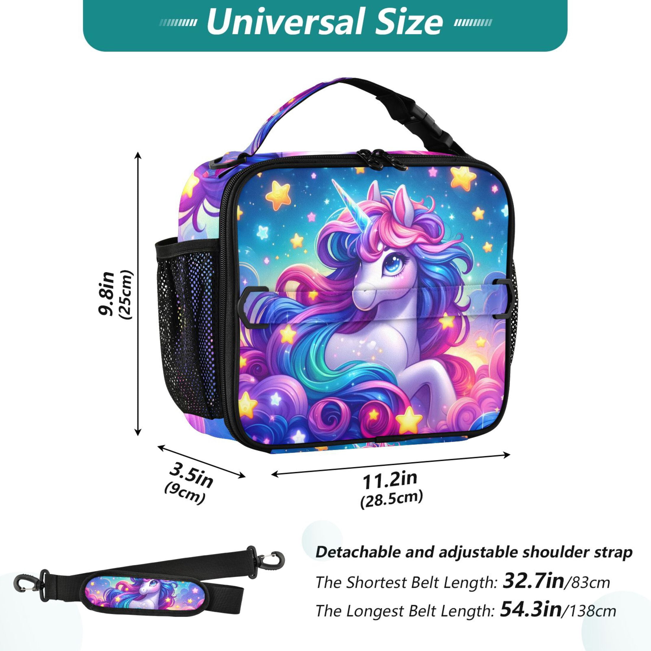 ALAZA Cartoon Unicorn Rainbow Stars Lunch Box Insulated Lunch Bag Cooler Tote with Shoulder Strap
