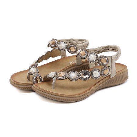 

Women‘s Rhinestone Toe Loop Sandals Boho Style Elastic Strap Slip On Wedge Sandals Casual Beach Travel Shoes