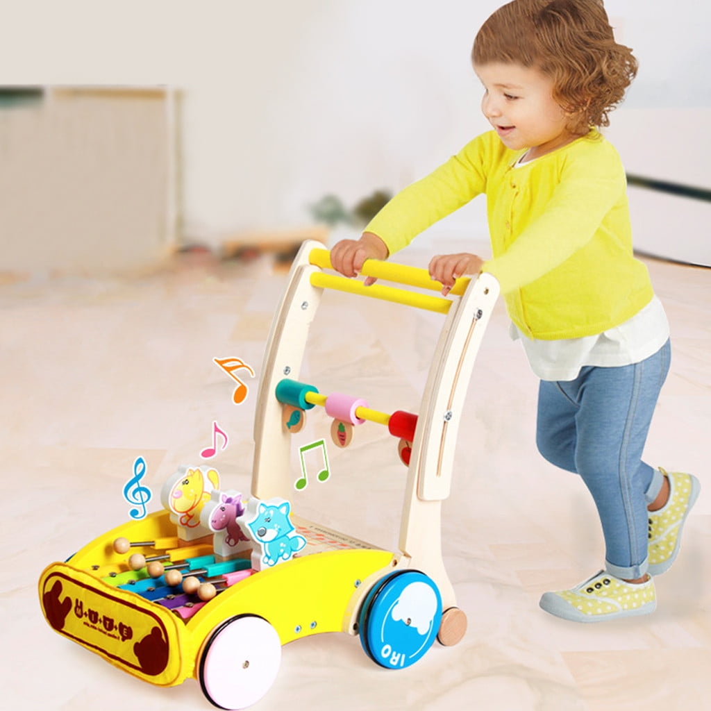 Wooden Baby Learning Walker Toddler Toys,Automatic Knocking Music When Walking,Anti-Collision Sponge,Speed Adjustable,Flodable Yellow, 11.81x15.35x15.3-20.4in Flodable） 