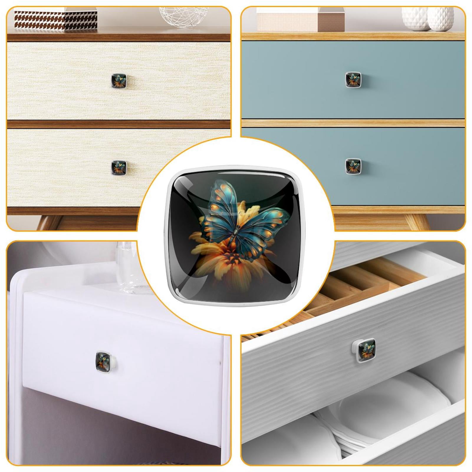 HemaKayy 4 Pack 1.18" Decorative Cabinet Knobs - Durable ABS Glass Handles for Cabinets, Drawers, and More - Enhance Your Home Kitchen Furniture Decor - Turquoise Blue Butterfly Lily Flower