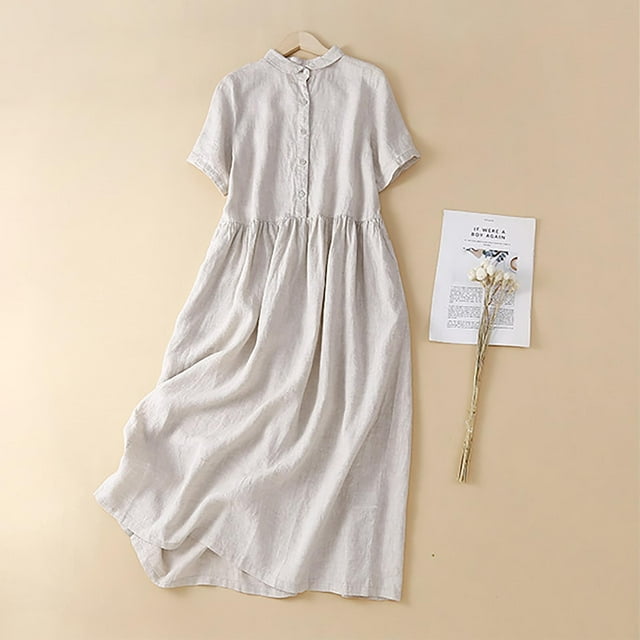 Fartey Robes d'Été pour Femmes à Moins de 10 $ Vintage à Manches Courtes en Coton et Lin Robe Midi Couleur Unie Bouton Col à Revers Robe de Plage Décontractée Tunique Fluide Robe d'Été Quotidienne