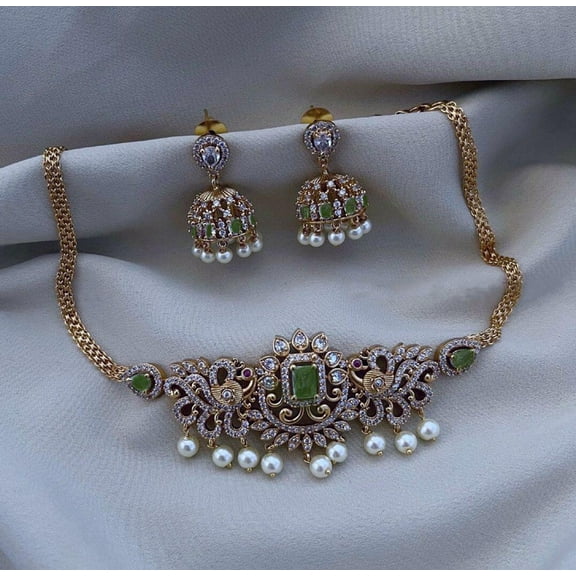 Gold-Plated Peacock Choker Necklace Set with Jhumki – South Indian Bollywood Matte Finish Jewelry with Green & White Kemp Stones, AD CZ & Matching Jhumka Earrings